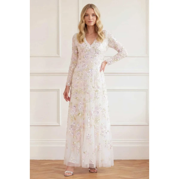 Needle & Thread Sequin Paradise V-Neck Gown in Swan White/Multi - Dresses - British Luxury Evening Wear at Coveti