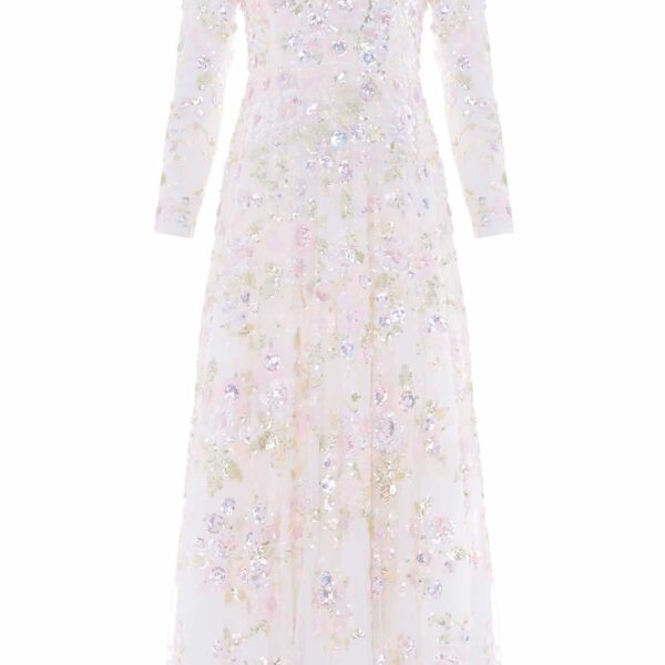 Needle & Thread Sequin Paradise V-Neck Gown in Swan White/Multi - Dresses - British Luxury Evening Wear at Coveti