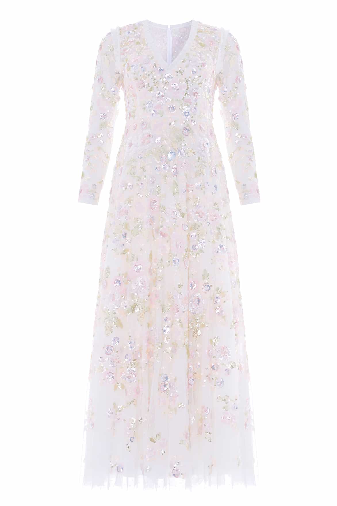 Needle & Thread Sequin Paradise V-Neck Gown in Swan White/Multi - Dresses - British Luxury Evening Wear at Coveti