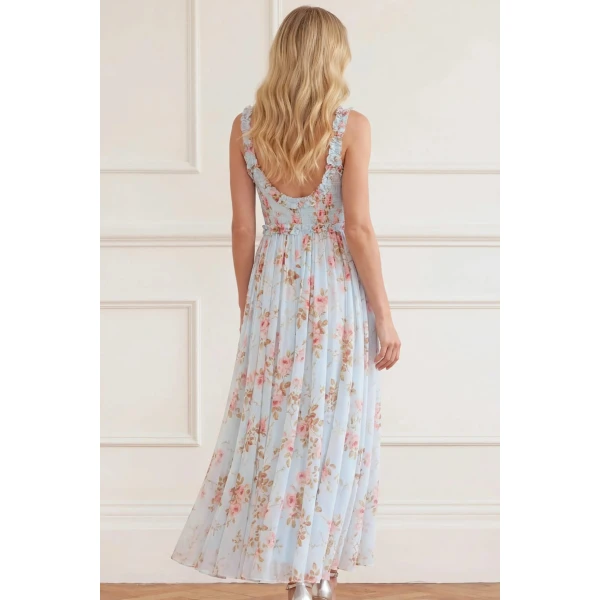 Needle & Thread Summer's Rose Chiffon Smocked Cami Ankle Gown in Aqua - Dresses - British Luxury Evening Wear at Coveti