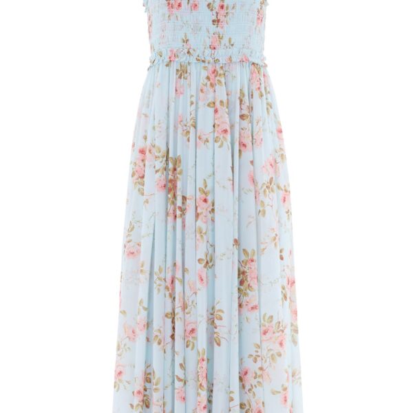 Needle & Thread Summer's Rose Chiffon Smocked Cami Ankle Gown in Aqua - Dresses - British Luxury Evening Wear at Coveti