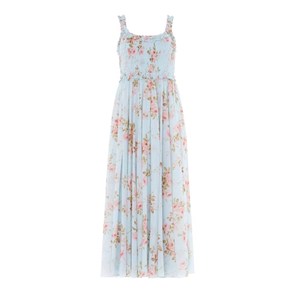 Needle & Thread Summer's Rose Chiffon Smocked Cami Ankle Gown in Aqua - Dresses - British Luxury Evening Wear at Coveti