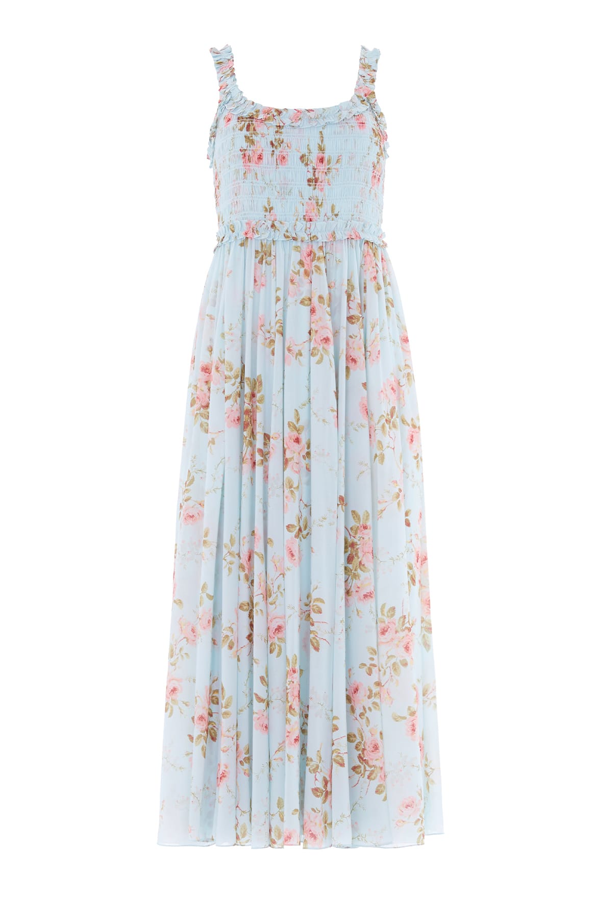 Needle & Thread Summer's Rose Chiffon Smocked Cami Ankle Gown in Aqua - Dresses - British Luxury Evening Wear at Coveti
