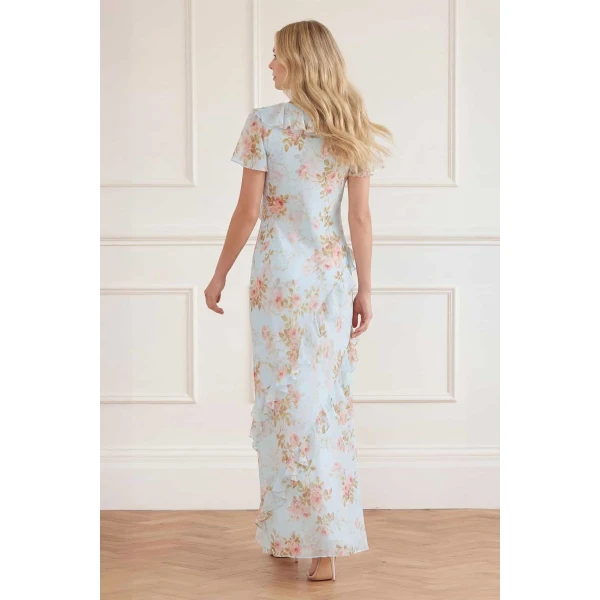 Needle & Thread Summer's Rose Georgette V-Neck Gown in Aqua - Dresses - British Luxury Evening Wear at Coveti