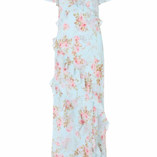 Needle & Thread Summer's Rose Georgette V-Neck Gown in Aqua - Dresses - British Luxury Evening Wear at Coveti