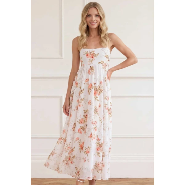 Needle & Thread Summer's Rose Linen Blend Cami Ankle Gown in White - Dresses - British Luxury Evening Wear at Coveti