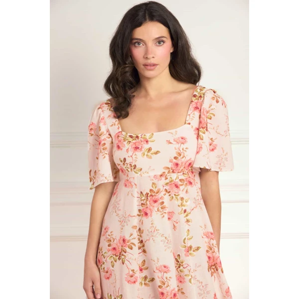 Needle & Thread Summer's Rose Linen Blend Short Sleeve Ankle Gown in Pale Pink - Dresses - British Luxury Evening Wear at Coveti
