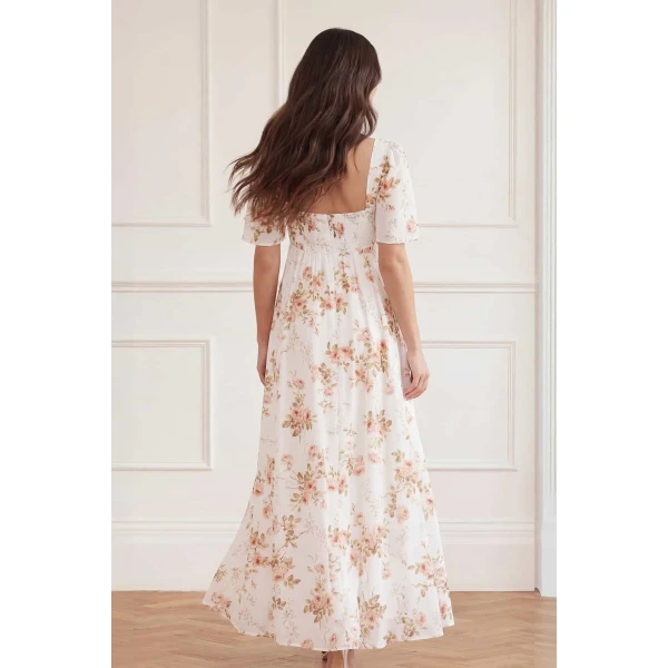 Needle & Thread Summer's Rose Linen Blend Short Sleeve Ankle Gown in White - Dresses - British Luxury Evening Wear at Coveti