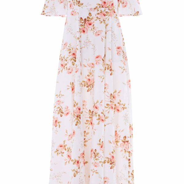 Needle & Thread Summer's Rose Linen Blend Short Sleeve Ankle Gown in White - Dresses - British Luxury Evening Wear at Coveti