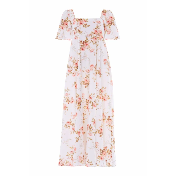 Needle & Thread Summer's Rose Linen Blend Short Sleeve Ankle Gown in White - Dresses - British Luxury Evening Wear at Coveti