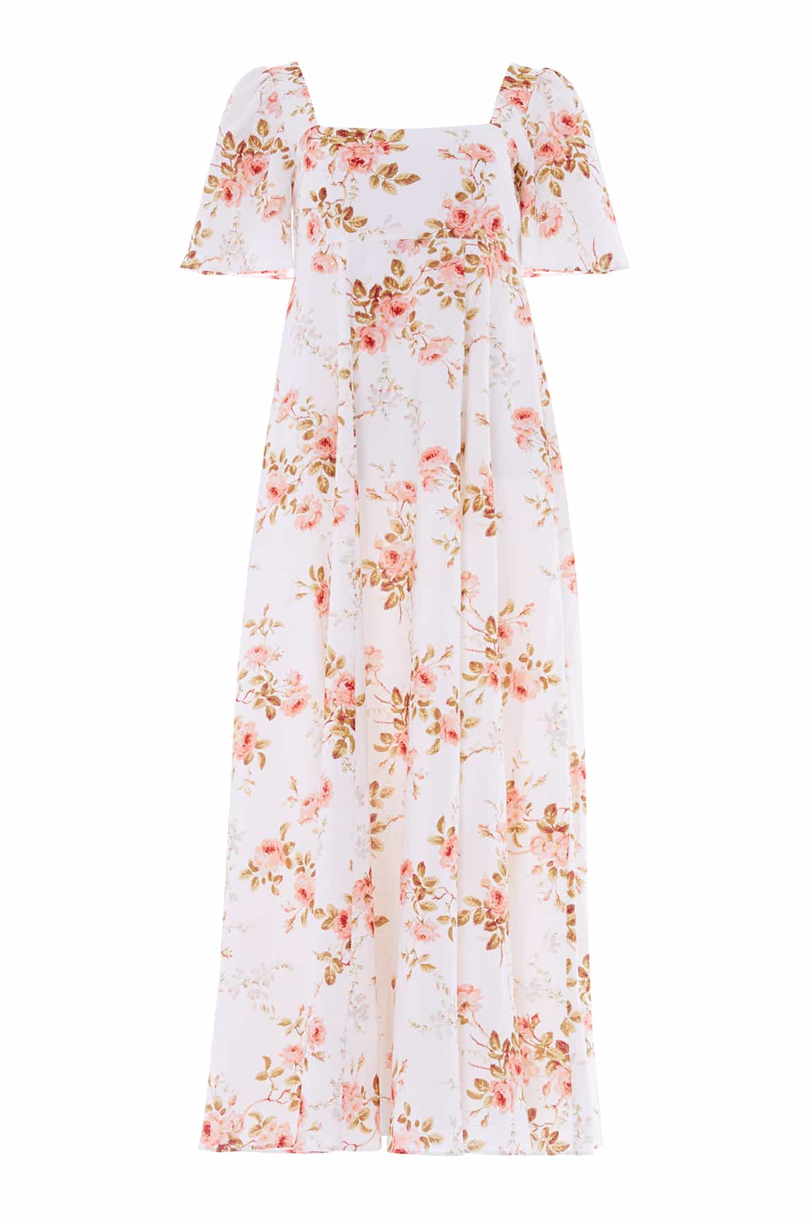 Needle & Thread Summer's Rose Linen Blend Short Sleeve Ankle Gown in White - Dresses - British Luxury Evening Wear at Coveti