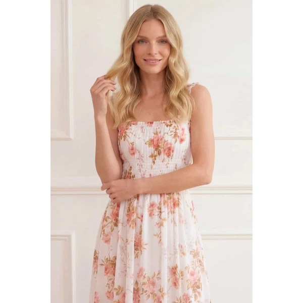 Needle & Thread Summer's Rose Shirred Ankle Gown in White - Dresses - British Luxury Evening Wear at Coveti