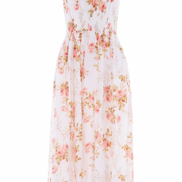 Needle & Thread Summer's Rose Shirred Ankle Gown in White - Dresses - British Luxury Evening Wear at Coveti