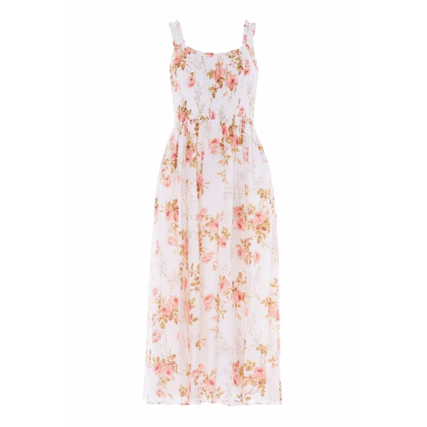 Needle & Thread Summer's Rose Shirred Ankle Gown in White - Dresses - British Luxury Evening Wear at Coveti