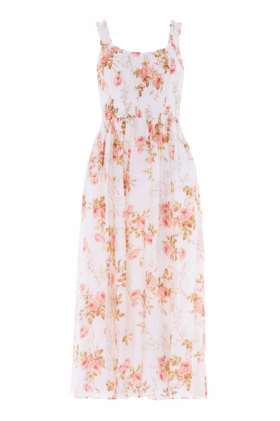 Needle & Thread Summer's Rose Shirred Ankle Gown in White - Dresses - British Luxury Evening Wear at Coveti