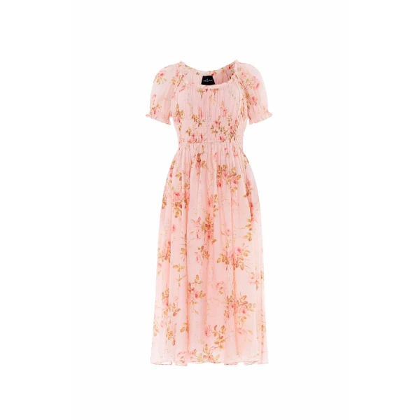 Needle & Thread Summer's Rose Shirred Short Sleeve Ballerina Dress in Pale Pink - Dresses - British Luxury Evening Wear at Coveti