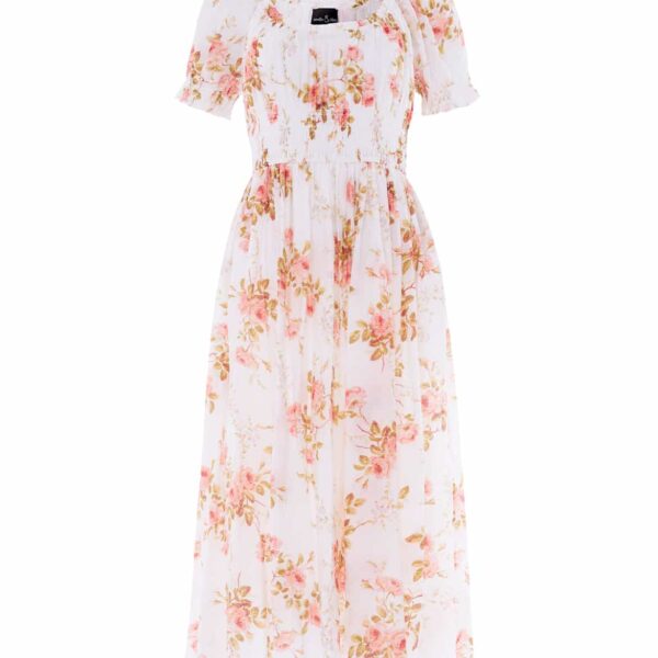 Needle & Thread Summer's Rose Shirred Short Sleeve Ballerina Dress in White - Dresses - British Luxury Evening Wear at Coveti