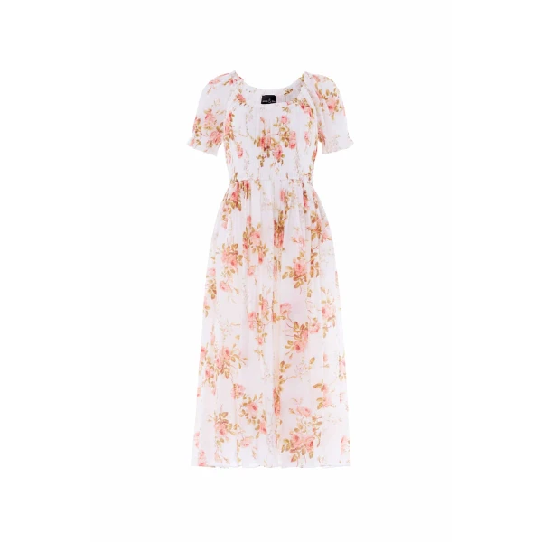 Needle & Thread Summer's Rose Shirred Short Sleeve Ballerina Dress in White - Dresses - British Luxury Evening Wear at Coveti