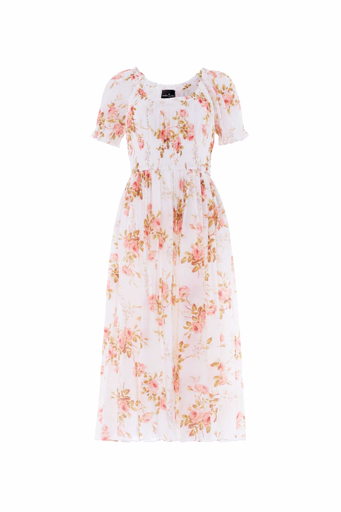 Needle & Thread Summer's Rose Shirred Short Sleeve Ballerina Dress in White - Dresses - British Luxury Evening Wear at Coveti