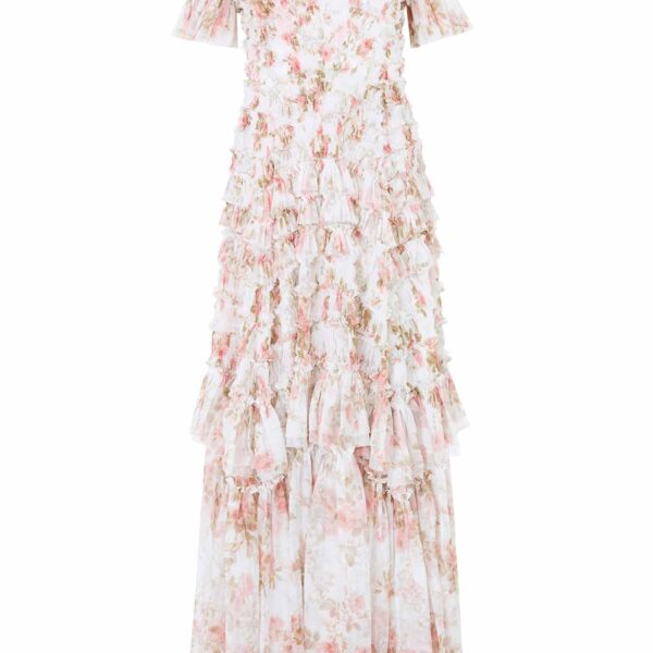 Needle & Thread Summer's Rose Valentine Ruffle Gown in White - Dresses - British Luxury Evening Wear at Coveti