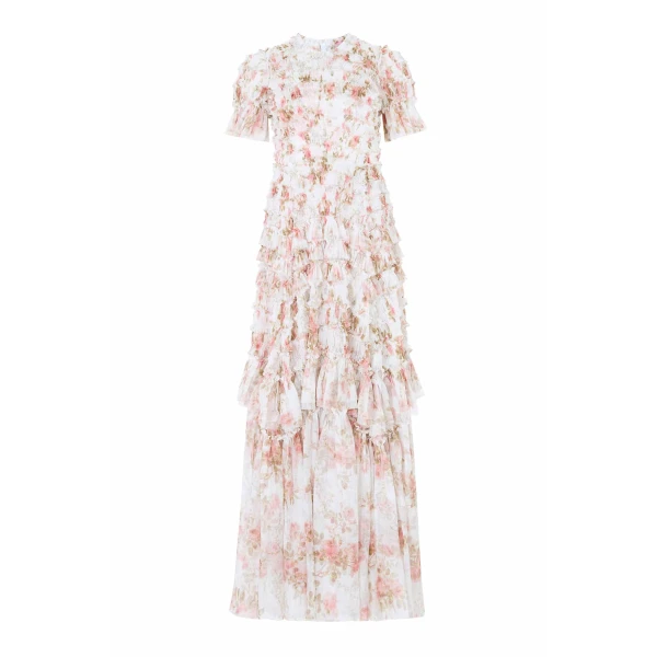 Needle & Thread Summer's Rose Valentine Ruffle Gown in White - Dresses - British Luxury Evening Wear at Coveti