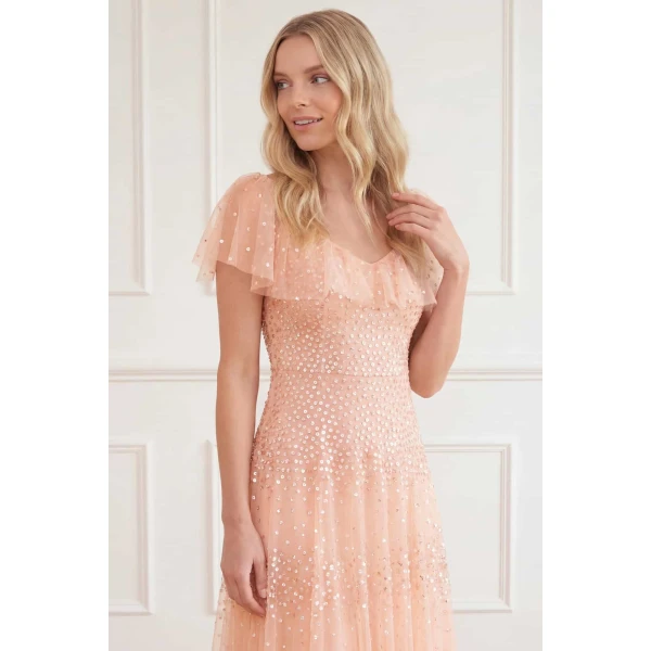 Needle & Thread Sunrise Sequin V-Neck Ankle Gown in Apricot Blush - Dresses - British Luxury Evening Wear at Coveti