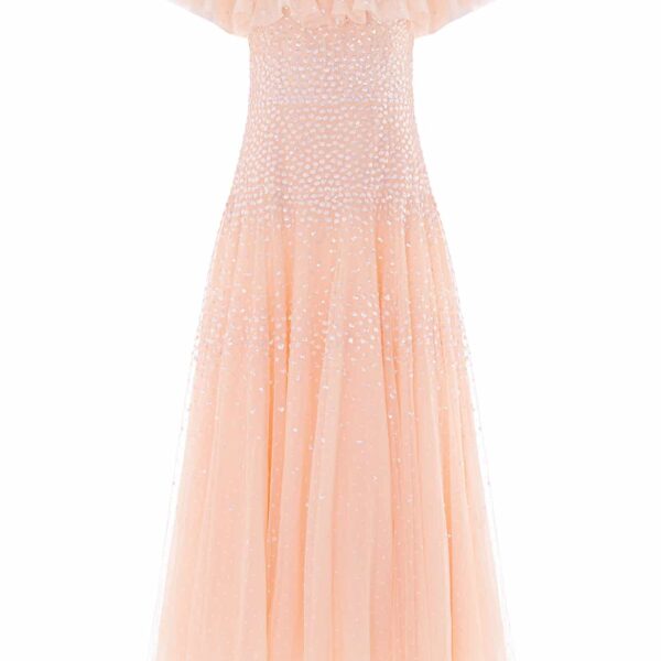 Needle & Thread Sunrise Sequin V-Neck Ankle Gown in Apricot Blush - Dresses - British Luxury Evening Wear at Coveti