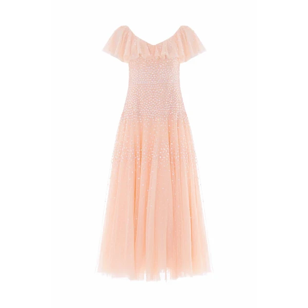 Needle & Thread Sunrise Sequin V-Neck Ankle Gown in Apricot Blush - Dresses - British Luxury Evening Wear at Coveti