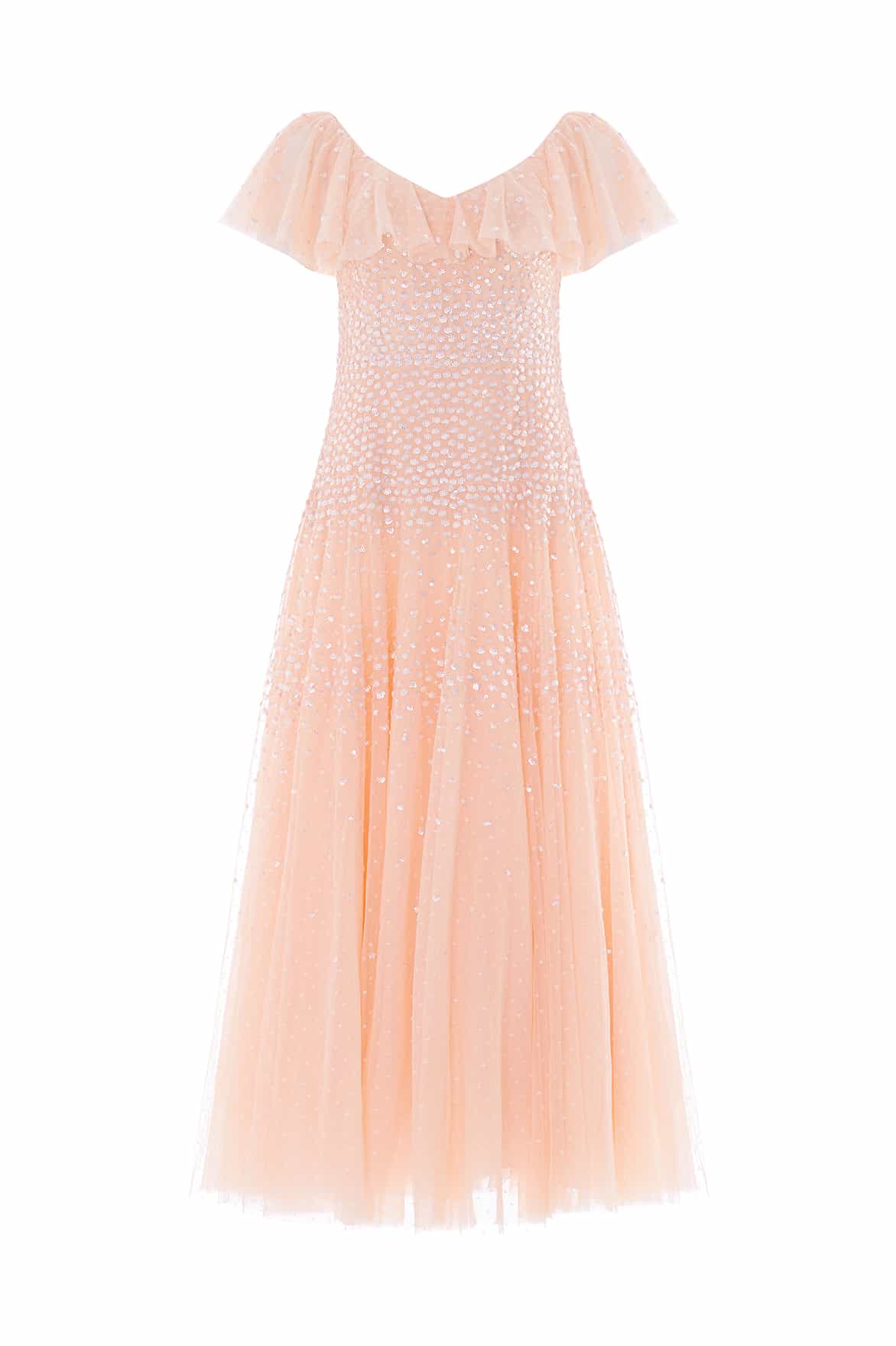 Needle & Thread Sunrise Sequin V-Neck Ankle Gown in Apricot Blush - Dresses - British Luxury Evening Wear at Coveti