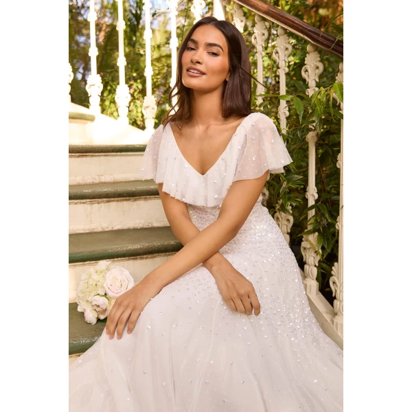 Needle & Thread Sunrise Sequin V-Neck Ankle Gown in Swan White - Dresses - British Luxury Evening Wear at Coveti
