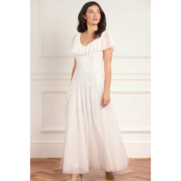 Needle & Thread Sunrise Sequin V-Neck Ankle Gown in Swan White - Dresses - British Luxury Evening Wear at Coveti