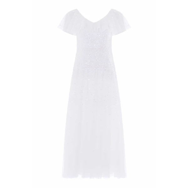 Needle & Thread Sunrise Sequin V-Neck Ankle Gown in Swan White - Dresses - British Luxury Evening Wear at Coveti
