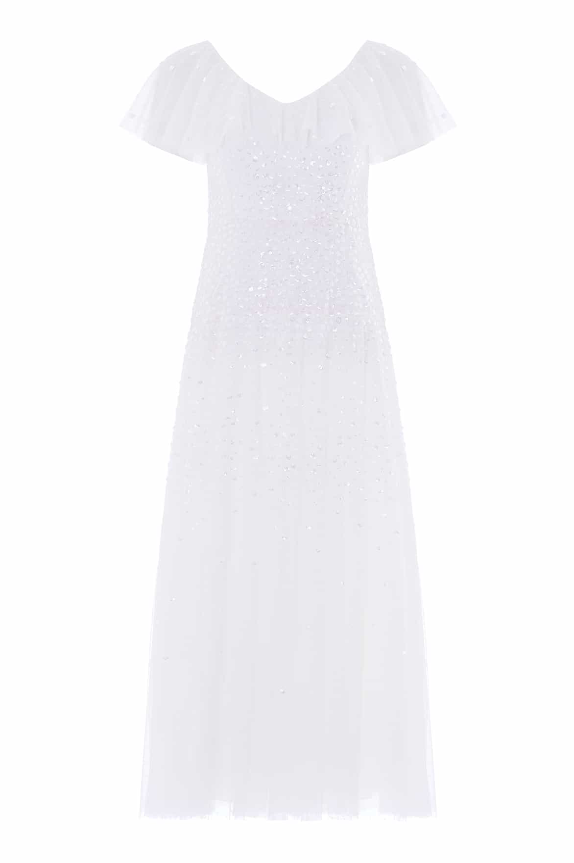 Needle & Thread Sunrise Sequin V-Neck Ankle Gown in Swan White - Dresses - British Luxury Evening Wear at Coveti