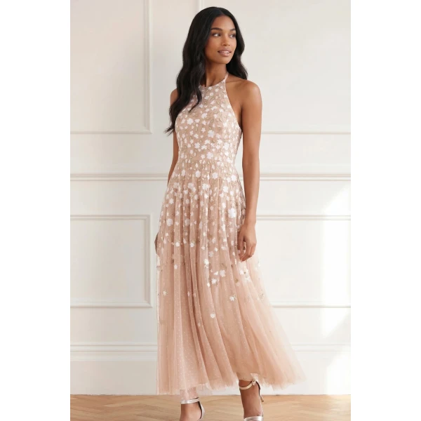 Needle & Thread Trailing Roses Halter-Neck Ankle Gown in Biscuit/White - Dresses - British Luxury Evening Wear at Coveti