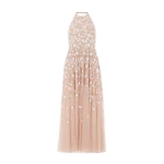 Needle & Thread Trailing Roses Halter-Neck Ankle Gown in Biscuit/White - Dresses - British Luxury Evening Wear at Coveti