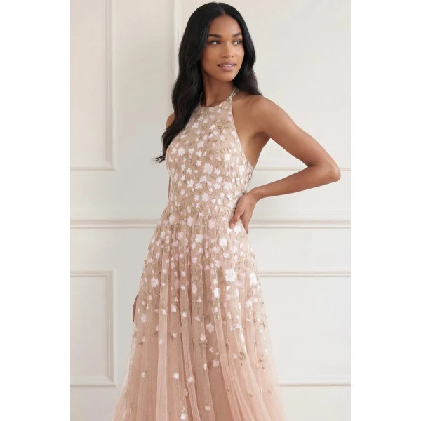 Needle & Thread Trailing Roses Halter-Neck Ankle Gown in Biscuit/White - Dresses - British Luxury Evening Wear at Coveti