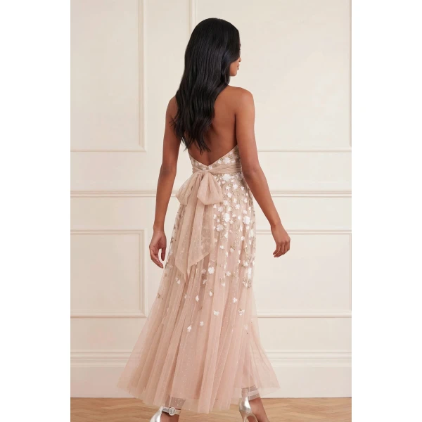 Needle & Thread Trailing Roses Halter-Neck Ankle Gown in Biscuit/White - Dresses - British Luxury Evening Wear at Coveti