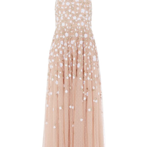 Needle & Thread Trailing Roses Halter-Neck Ankle Gown in Biscuit/White - Dresses - British Luxury Evening Wear at Coveti