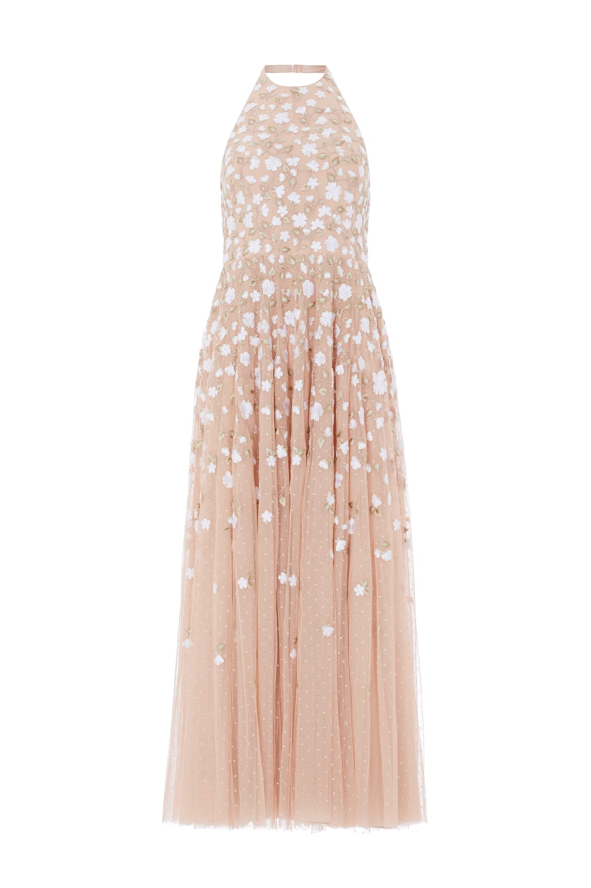 Needle & Thread Trailing Roses Halter-Neck Ankle Gown in Biscuit/White - Dresses - British Luxury Evening Wear at Coveti
