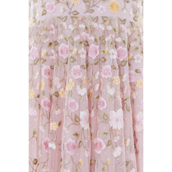 Needle & Thread Trailing Roses Halter-Neck Ankle Gown in Shell/Multi - Dresses - British Luxury Evening Wear at Coveti