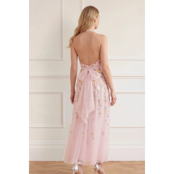 Needle & Thread Trailing Roses Halter-Neck Ankle Gown in Shell/Multi - Dresses - British Luxury Evening Wear at Coveti