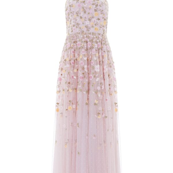 Needle & Thread Trailing Roses Halter-Neck Ankle Gown in Shell/Multi - Dresses - British Luxury Evening Wear at Coveti