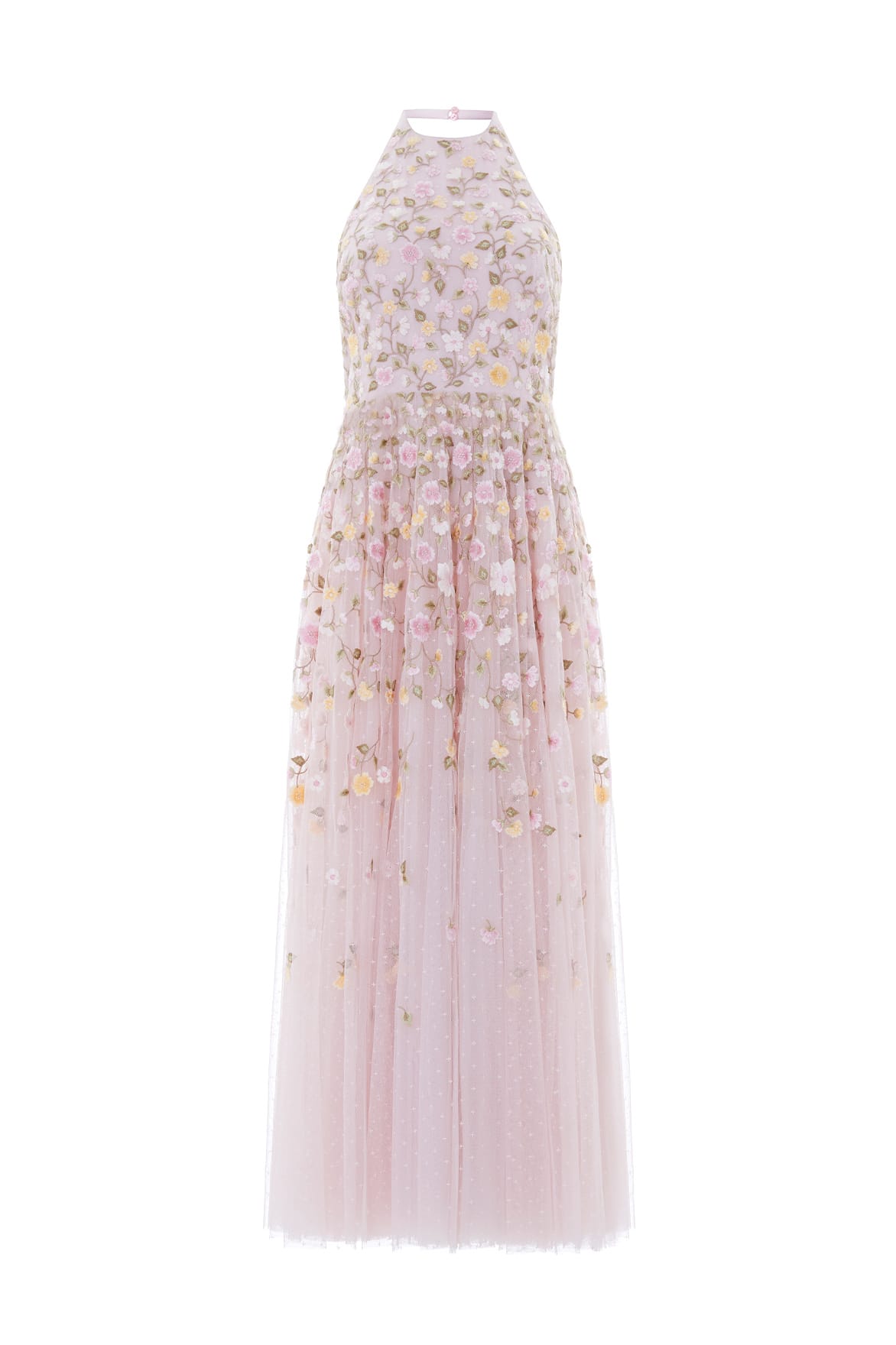 Needle & Thread Trailing Roses Halter-Neck Ankle Gown in Shell/Multi - Dresses - British Luxury Evening Wear at Coveti