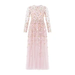Needle & Thread Trailing Roses Long Sleeve Ankle Gown in Shell/Multi - Dresses - British Luxury Evening Wear at Coveti