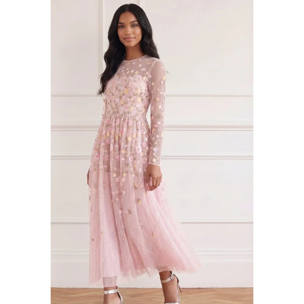 Needle & Thread Trailing Roses Long Sleeve Ankle Gown in Shell/Multi - Dresses - British Luxury Evening Wear at Coveti