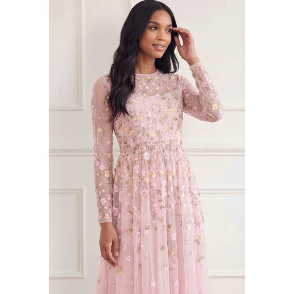 Needle & Thread Trailing Roses Long Sleeve Ankle Gown in Shell/Multi - Dresses - British Luxury Evening Wear at Coveti