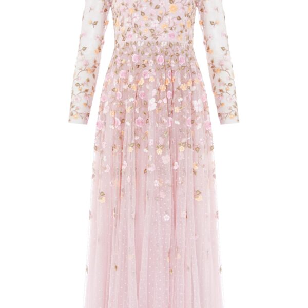Needle & Thread Trailing Roses Long Sleeve Ankle Gown in Shell/Multi - Dresses - British Luxury Evening Wear at Coveti