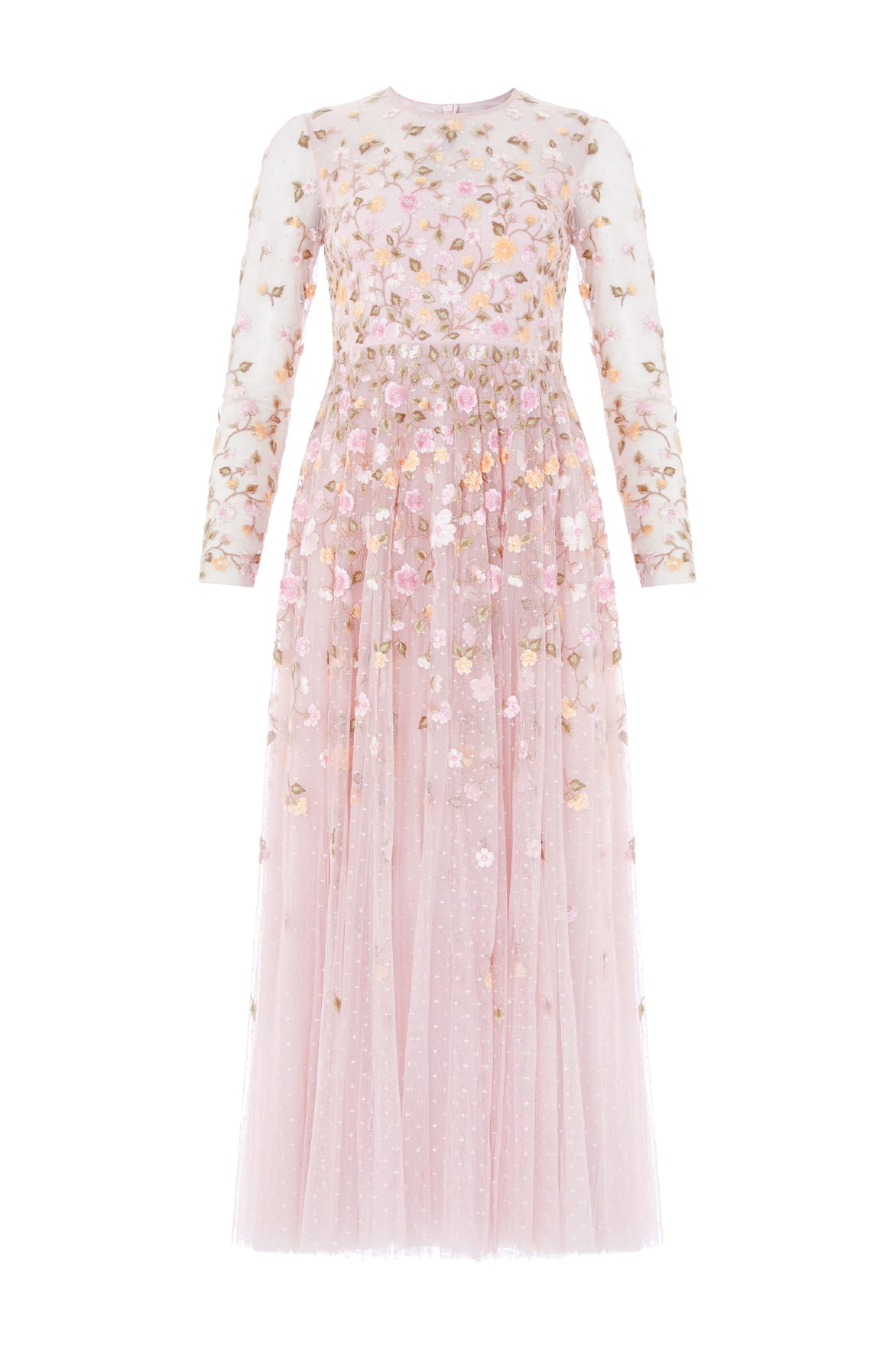 Needle & Thread Trailing Roses Long Sleeve Ankle Gown in Shell/Multi - Dresses - British Luxury Evening Wear at Coveti