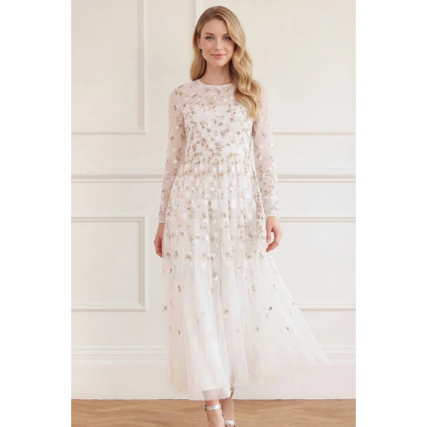 Needle & Thread Trailing Roses Long Sleeve Ankle Gown in Swan/White - Dresses - British Luxury Evening Wear at Coveti