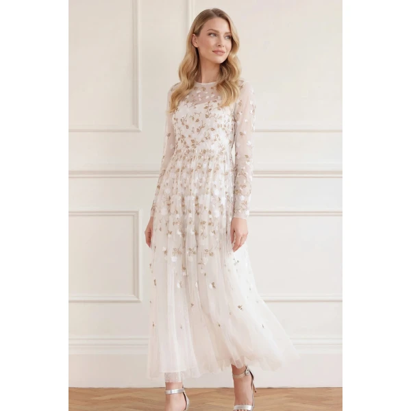 Needle & Thread Trailing Roses Long Sleeve Ankle Gown in Swan/White - Dresses - British Luxury Evening Wear at Coveti